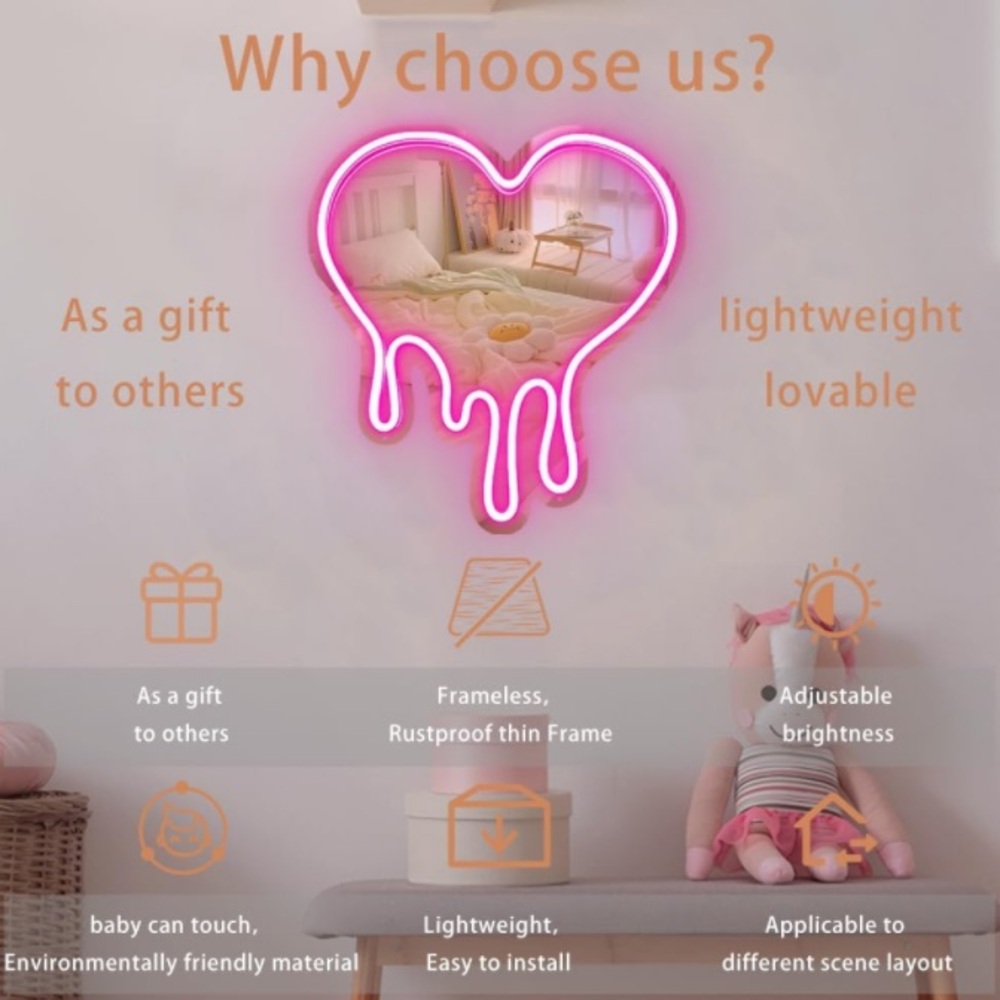 Pink Mirror Neon Light melting heart adjustable brightness dripping heart - Picture 4 of 9